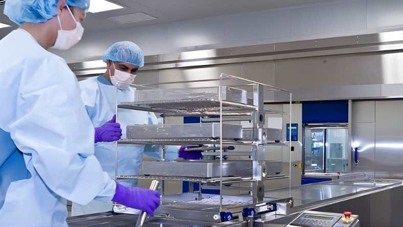 Sterile processing technicians handling surgical instrument trays
