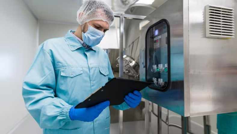 Technician inspecting sterilization equipment in hospital cleanroom
