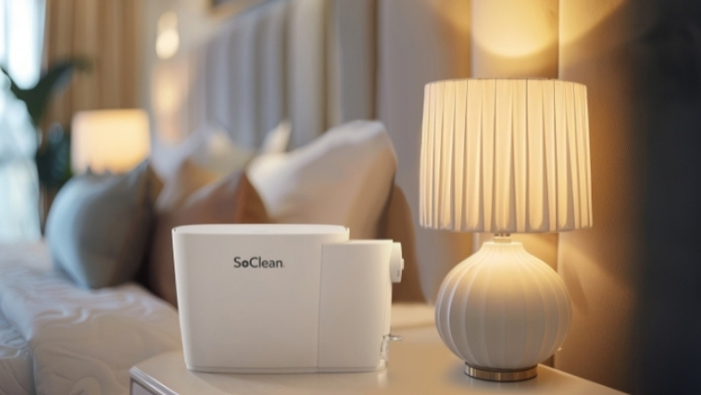 SoClean device on bedside table beside illuminated lamp in bedroom