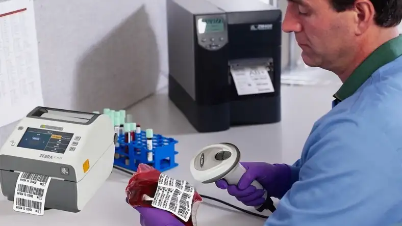 Healthcare worker scanning a labelled blood product with a barcode reader beside two medical label printers