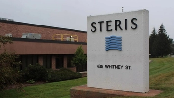STERIS branded entrance sign at 435 Whitney Street outside a brick corporate building