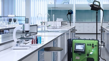 Modern lab bench with a microscope, coloured sample vials, glassware, and a green portable testing device