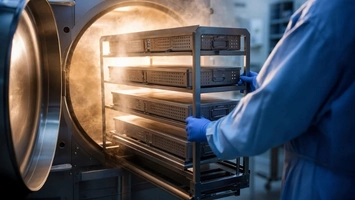 Technician in blue protective clothing loading instrument trays into an industrial autoclave with steam